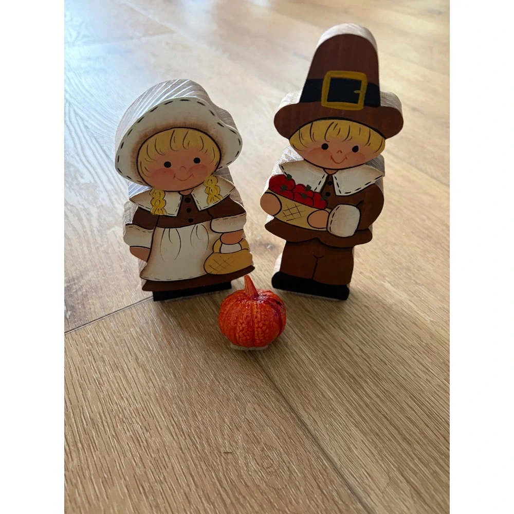 Vintage Thanksgiving Wooden Pilgrim Boy and Girl Shelf Sitters with Pumpkin
